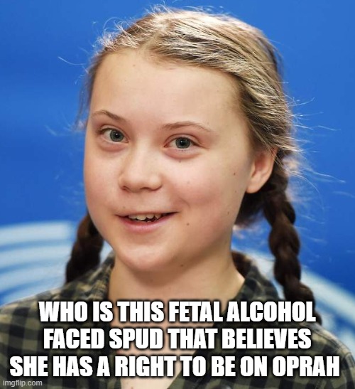 Greta Thunberg | WHO IS THIS FETAL ALCOHOL FACED SPUD THAT BELIEVES SHE HAS A RIGHT TO BE ON OPRAH | image tagged in greta thunberg | made w/ Imgflip meme maker