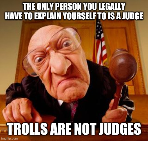 If They Don't Like It They Can Leave Because You Don't Owe Trolls An Explanation | THE ONLY PERSON YOU LEGALLY HAVE TO EXPLAIN YOURSELF TO IS A JUDGE; TROLLS ARE NOT JUDGES | image tagged in mean judge,judgement,don't feed the trolls,trolls,imgflip trolls,internet troll | made w/ Imgflip meme maker