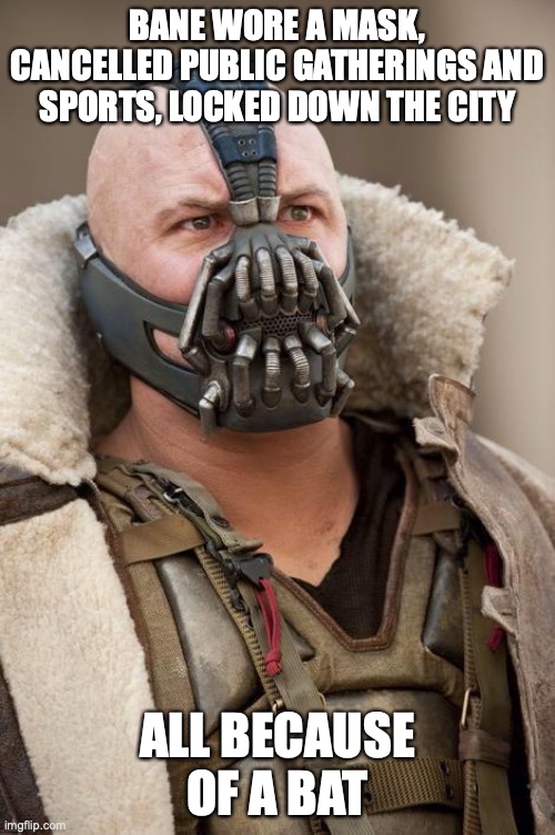 Bane | BANE WORE A MASK, CANCELLED PUBLIC GATHERINGS AND SPORTS, LOCKED DOWN THE CITY; ALL BECAUSE OF A BAT | image tagged in bane,coronavirus | made w/ Imgflip meme maker