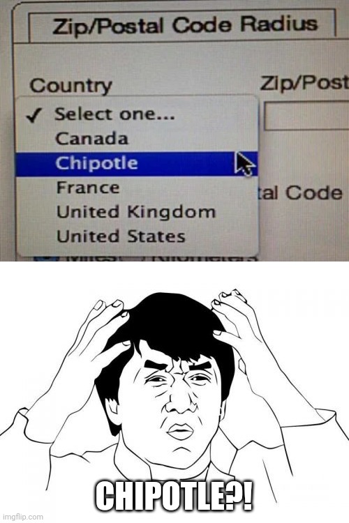 Selecting Countries be like... | CHIPOTLE?! | image tagged in memes,jackie chan wtf,chipotle,you had one job,funny,task failed successfully | made w/ Imgflip meme maker