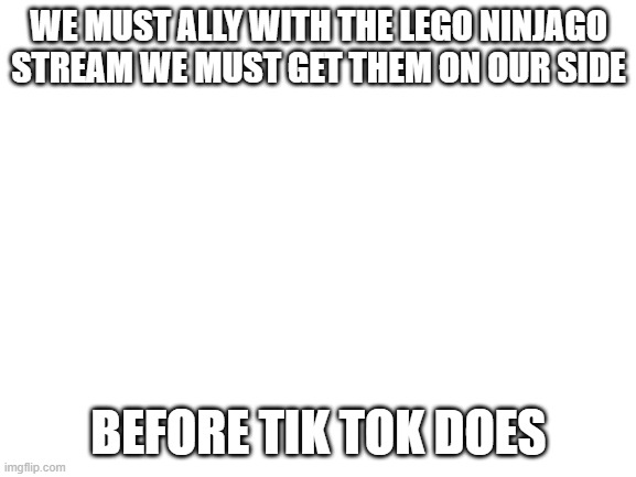 Blank White Template | WE MUST ALLY WITH THE LEGO NINJAGO STREAM WE MUST GET THEM ON OUR SIDE; BEFORE TIK TOK DOES | image tagged in blank white template | made w/ Imgflip meme maker