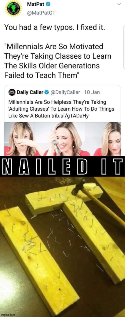 [not re-opening the war, just thought it belonged here] | image tagged in millennials life skills,nailed it w/ text white border,millennials,millennial,adults,boomers | made w/ Imgflip meme maker
