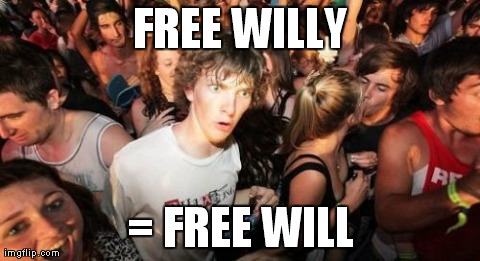 Sudden Clarity Clarence Meme | FREE WILLY = FREE WILL | image tagged in memes,sudden clarity clarence,AdviceAnimals | made w/ Imgflip meme maker