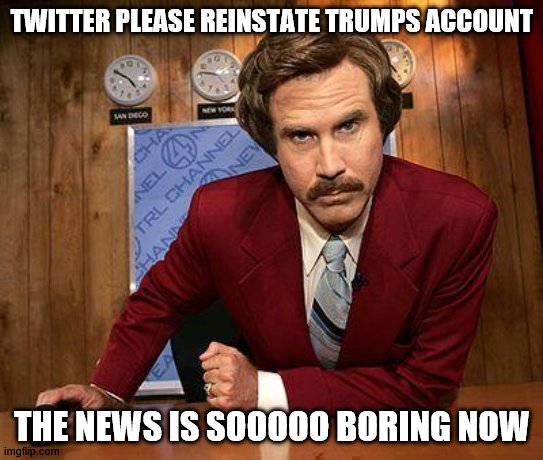 Boring News | TWITTER PLEASE REINSTATE TRUMPS ACCOUNT; THE NEWS IS SOOOOO BORING NOW | image tagged in ron burgundy,news,trump twitter | made w/ Imgflip meme maker
