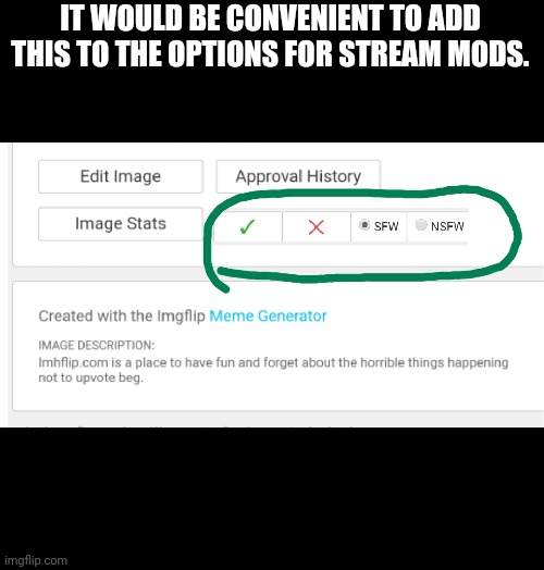 Just an idea. | IT WOULD BE CONVENIENT TO ADD THIS TO THE OPTIONS FOR STREAM MODS. | image tagged in nixieknox,mod life,memes,flags | made w/ Imgflip meme maker