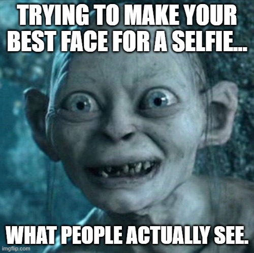Me smiling | TRYING TO MAKE YOUR BEST FACE FOR A SELFIE... WHAT PEOPLE ACTUALLY SEE. | image tagged in memes,gollum | made w/ Imgflip meme maker