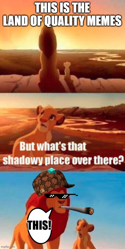 How to ruin a meme | THIS IS THE LAND OF QUALITY MEMES; THIS! | image tagged in memes,simba shadowy place | made w/ Imgflip meme maker