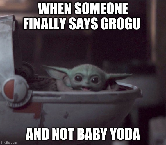 more people need to call him by his real name | WHEN SOMEONE FINALLY SAYS GROGU; AND NOT BABY YODA | image tagged in excited baby yoda | made w/ Imgflip meme maker
