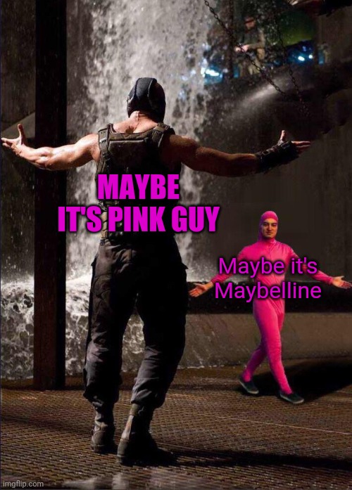 Pink Lives Matter | MAYBE IT'S PINK GUY; Maybe it's Maybelline | image tagged in pink guy vs bane,pink floyd,pinkie pie,pinky and the brain,pink panther,pink fluffy unicorns dancing on rainbows | made w/ Imgflip meme maker