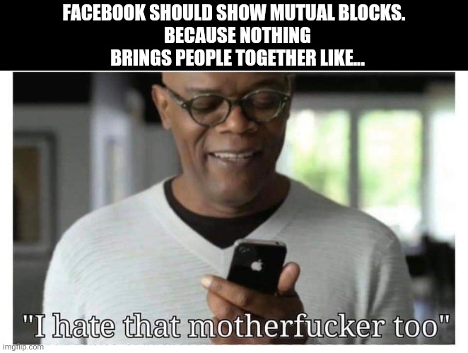 Mutual blocks on Facebook | FACEBOOK SHOULD SHOW MUTUAL BLOCKS.  
BECAUSE NOTHING BRINGS PEOPLE TOGETHER LIKE... | image tagged in hate,facebook,tag,mutual,friends,samuel l jackson | made w/ Imgflip meme maker
