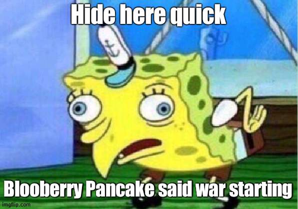 RUN IN QUICK NOW! | Hide here quick; Blooberry Pancake said war starting | image tagged in memes,mocking spongebob,hide,run | made w/ Imgflip meme maker