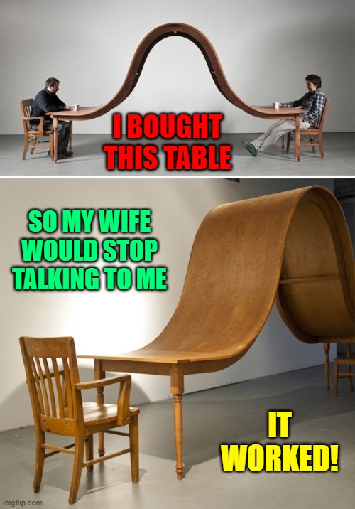 She got the hint! I didn't mean to insult her... | I BOUGHT THIS TABLE; SO MY WIFE WOULD STOP TALKING TO ME; IT WORKED! | image tagged in vince vance,wife,weird,odd,tables,memes | made w/ Imgflip meme maker