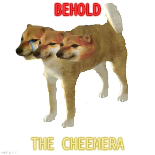 The mighty Cheemera! | BEHOLD; THE CHEEMERA | image tagged in cheems,crying cheems,baby cheems,greek mythology,mythology,chimera | made w/ Imgflip meme maker