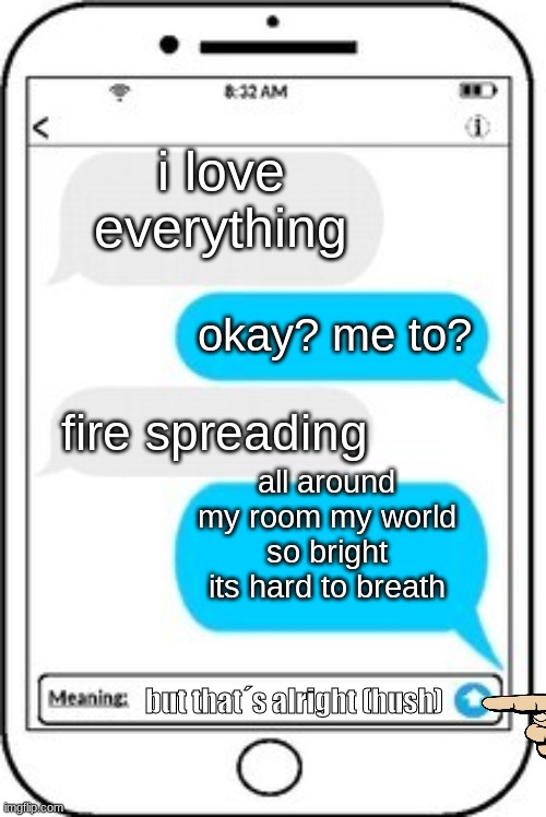 text message | i love everything; okay? me to? fire spreading; all around my room my world so bright its hard to breath; but that´s alright (hush) | image tagged in text message | made w/ Imgflip meme maker