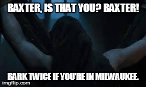 BAXTER, IS THAT YOU? BAXTER! BARK TWICE IF YOUâ€™RE IN MILWAUKEE. | made w/ Imgflip meme maker