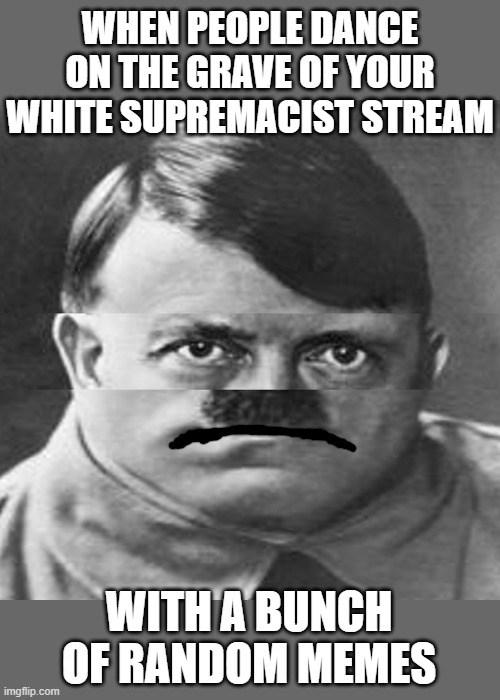 Wonderful what y'all've done with the place. Big fan of the description :) | WHEN PEOPLE DANCE ON THE GRAVE OF YOUR WHITE SUPREMACIST STREAM; WITH A BUNCH OF RANDOM MEMES | image tagged in squished hitler | made w/ Imgflip meme maker