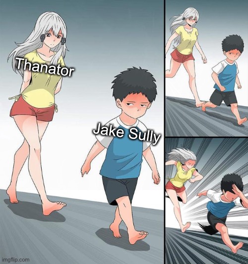 So what about this one? Run? Don’t run? What? | Thanator; Jake Sully | image tagged in thanator,jake sully,predator,avatar,science fiction,movies | made w/ Imgflip meme maker