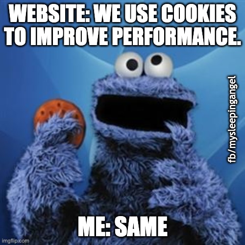 cookie monster | WEBSITE: WE USE COOKIES TO IMPROVE PERFORMANCE. fb/mysleepingangel; ME: SAME | image tagged in cookie monster | made w/ Imgflip meme maker