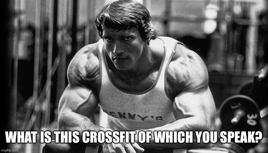Arnold Crossfit | WHAT IS THIS CROSSFIT OF WHICH YOU SPEAK? | image tagged in crossfit | made w/ Imgflip meme maker