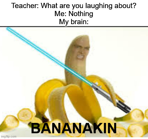 Bananakin | Teacher: What are you laughing about?
Me: Nothing
My brain:; BANANAKIN | image tagged in blank white template,memes,funny,anakin,anakin skywalker,gifs | made w/ Imgflip meme maker