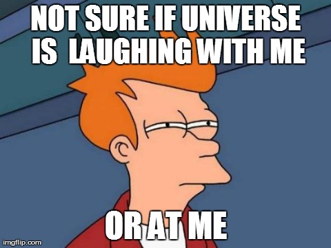 Futurama Fry Meme | NOT SURE IF UNIVERSE IS 
LAUGHING WITH ME OR AT ME | image tagged in memes,futurama fry | made w/ Imgflip meme maker