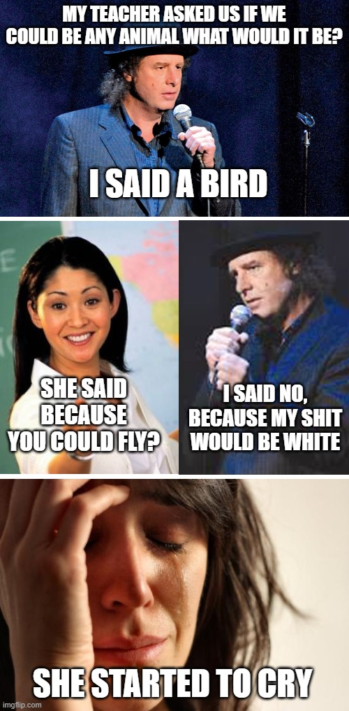 MY TEACHER ASKED US IF WE COULD BE ANY ANIMAL WHAT WOULD IT BE? I SAID A BIRD; SHE SAID BECAUSE YOU COULD FLY? I SAID NO, BECAUSE MY SHIT WOULD BE WHITE; SHE STARTED TO CRY | image tagged in steven wright,blank white template,memes,first world problems | made w/ Imgflip meme maker