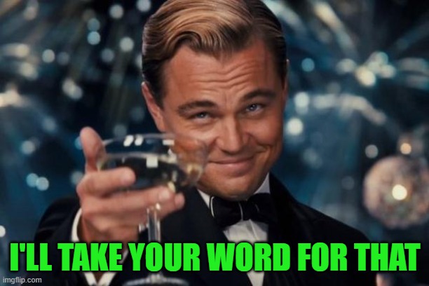 I'LL TAKE YOUR WORD FOR THAT | image tagged in memes,leonardo dicaprio cheers | made w/ Imgflip meme maker