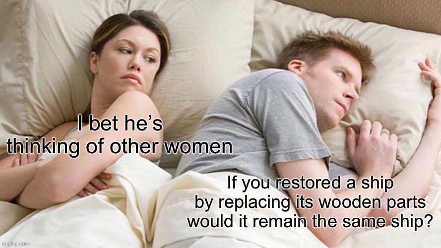 Paradox | I bet he’s thinking of other women; If you restored a ship by replacing its wooden parts would it remain the same ship? | image tagged in memes,i bet he's thinking about other women,paradox | made w/ Imgflip meme maker