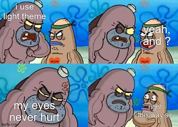 Welcome to the Salty Spitoon | i use light theme; yeah, and ? my eyes never hurt; right this way sir | image tagged in welcome to the salty spitoon | made w/ Imgflip meme maker