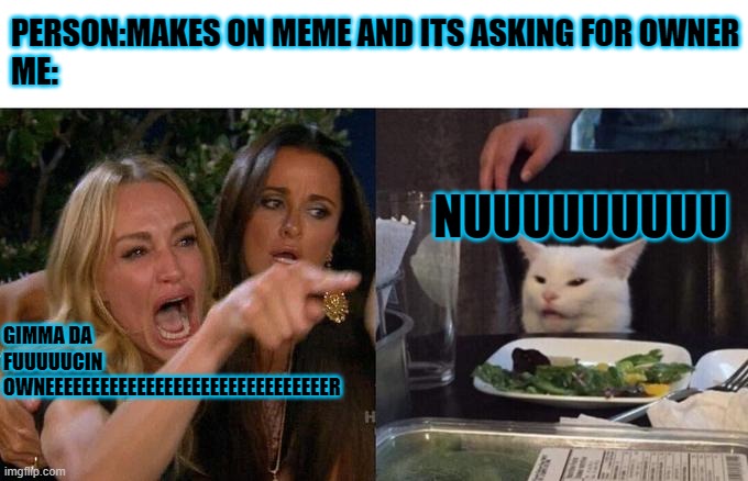 owner plz :D | PERSON:MAKES ON MEME AND ITS ASKING FOR OWNER
ME:; NUUUUUUUUU; GIMMA DA FUUUUUCIN OWNEEEEEEEEEEEEEEEEEEEEEEEEEEEEEEER | image tagged in memes,woman yelling at cat | made w/ Imgflip meme maker