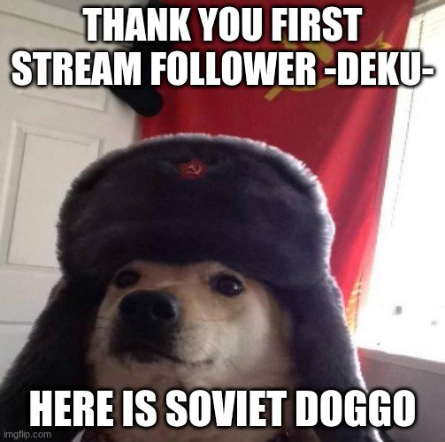 Russian Doge | THANK YOU FIRST STREAM FOLLOWER -DEKU-; HERE IS SOVIET DOGGO | image tagged in russian doge | made w/ Imgflip meme maker