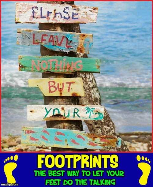 Happiness is... sun, sand, water & a girl | FOOTPRINTS:; THE BEST WAY TO LET YOUR 
FEET DO THE TALKING | image tagged in vince vance,memes,day at the beach,footprints,sand,feet | made w/ Imgflip meme maker