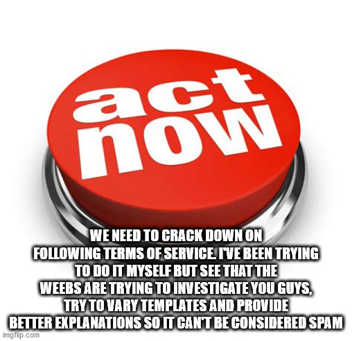 we need to do something now | WE NEED TO CRACK DOWN ON FOLLOWING TERMS OF SERVICE. I'VE BEEN TRYING TO DO IT MYSELF BUT SEE THAT THE WEEBS ARE TRYING TO INVESTIGATE YOU GUYS, TRY TO VARY TEMPLATES AND PROVIDE BETTER EXPLANATIONS SO IT CAN'T BE CONSIDERED SPAM | image tagged in act now | made w/ Imgflip meme maker