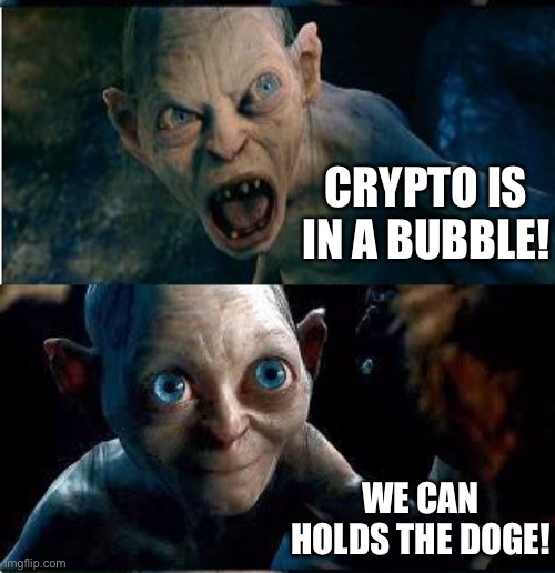 It holds | CRYPTO IS IN A BUBBLE! WE CAN HOLDS THE DOGE! | image tagged in gollum-smeagol | made w/ Imgflip meme maker
