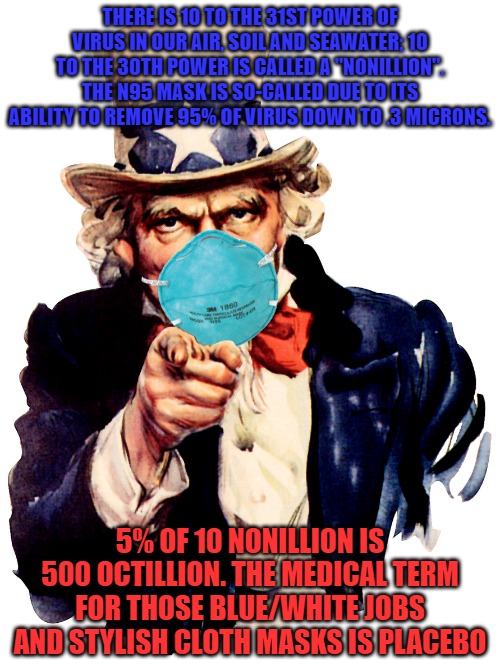 uncle sam i want you to mask n95 covid coronavirus | THERE IS 10 TO THE 31ST POWER OF VIRUS IN OUR AIR, SOIL AND SEAWATER; 10 TO THE 30TH POWER IS CALLED A "NONILLION". THE N95 MASK IS SO-CALLED DUE TO ITS ABILITY TO REMOVE 95% OF VIRUS DOWN TO .3 MICRONS. 5% OF 10 NONILLION IS 500 OCTILLION. THE MEDICAL TERM FOR THOSE BLUE/WHITE JOBS AND STYLISH CLOTH MASKS IS PLACEBO | image tagged in uncle sam i want you to mask n95 covid coronavirus | made w/ Imgflip meme maker