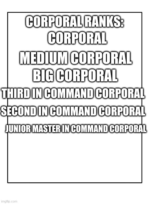corporal ranks pt 1 | CORPORAL RANKS:; CORPORAL; MEDIUM CORPORAL; BIG CORPORAL; THIRD IN COMMAND CORPORAL; SECOND IN COMMAND CORPORAL; JUNIOR MASTER IN COMMAND CORPORAL | image tagged in blank template | made w/ Imgflip meme maker