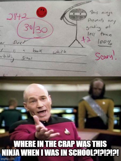 That jerk! | WHERE IN THE CRAP WAS THIS NINJA WHEN I WAS IN SCHOOL?!?!?!?! | image tagged in memes,picard wtf,homework,tests,school | made w/ Imgflip meme maker