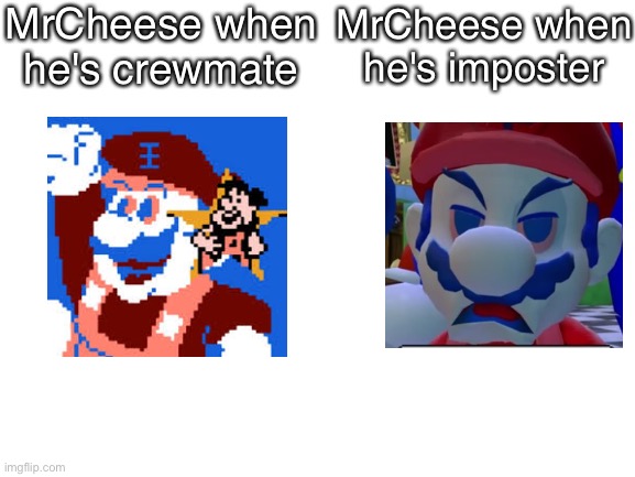 cheese. | MrCheese when he's crewmate; MrCheese when he's imposter | image tagged in blank white template,among us,imposter,crewmate,memes,mrcheese | made w/ Imgflip meme maker