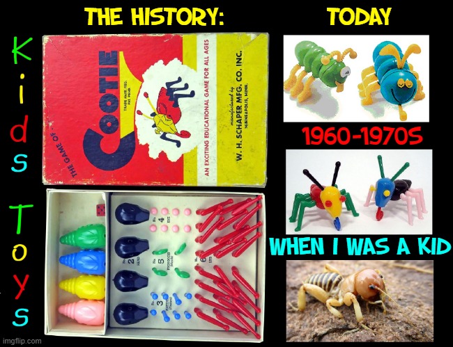 How toys (and kids) came to be the way they are today! | THE HISTORY:            TODAY; 1960-1970S; WHEN I WAS A KID | image tagged in vince vance,cootie,kids toys,history,memes,vintage toys | made w/ Imgflip meme maker