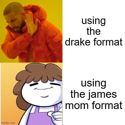 Drake Hotline Bling Meme | using the drake format using the james mom format | image tagged in memes,drake hotline bling | made w/ Imgflip meme maker