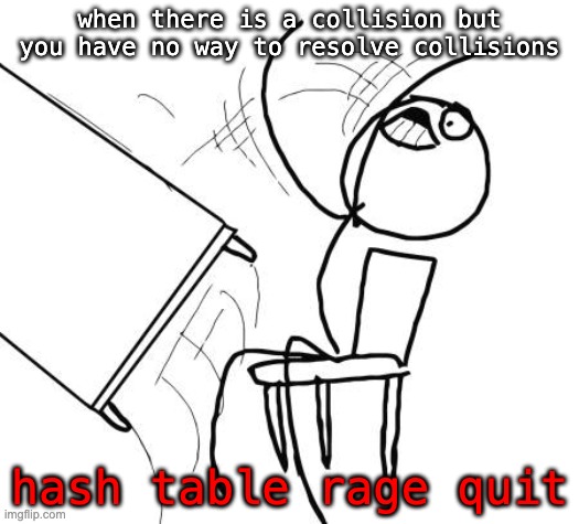 Computer Science joke | when there is a collision but you have no way to resolve collisions; hash table rage quit | image tagged in memes,table flip guy | made w/ Imgflip meme maker