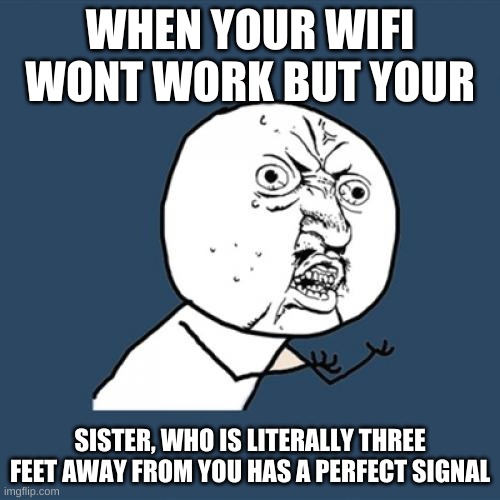 Y U No | WHEN YOUR WIFI WONT WORK BUT YOUR; SISTER, WHO IS LITERALLY THREE FEET AWAY FROM YOU HAS A PERFECT SIGNAL | image tagged in memes,y u no | made w/ Imgflip meme maker