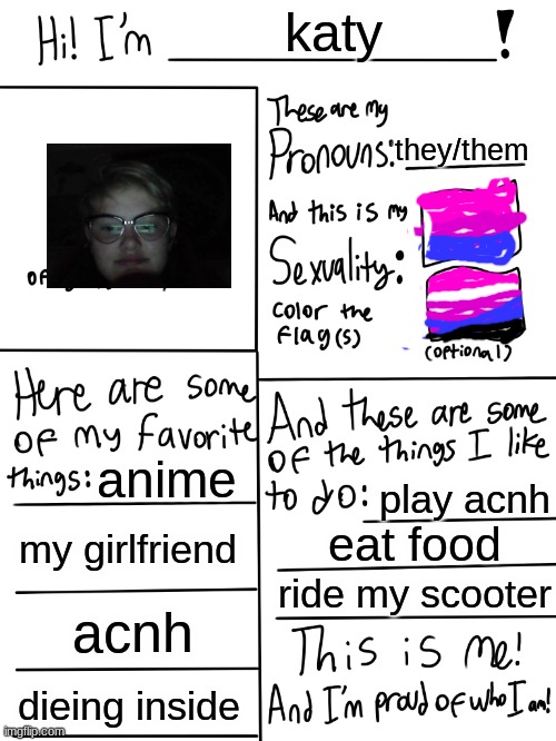 dis is meh! | katy; they/them; anime; play acnh; my girlfriend; eat food; ride my scooter; acnh; dieing inside | image tagged in lgbtq stream account profile | made w/ Imgflip meme maker
