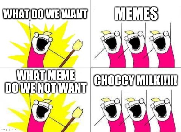 What Do We Want | WHAT DO WE WANT; MEMES; CHOCCY MILK!!!!! WHAT MEME DO WE NOT WANT | image tagged in memes,what do we want | made w/ Imgflip meme maker
