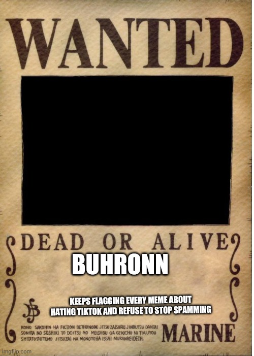 He even stole my comment and harass blaziken, 10000 points reward | BUHRONN; KEEPS FLAGGING EVERY MEME ABOUT HATING TIKTOK AND REFUSE TO STOP SPAMMING | image tagged in one piece wanted poster template,spammers,spam,tik tok,tiktok sucks,tiktok | made w/ Imgflip meme maker