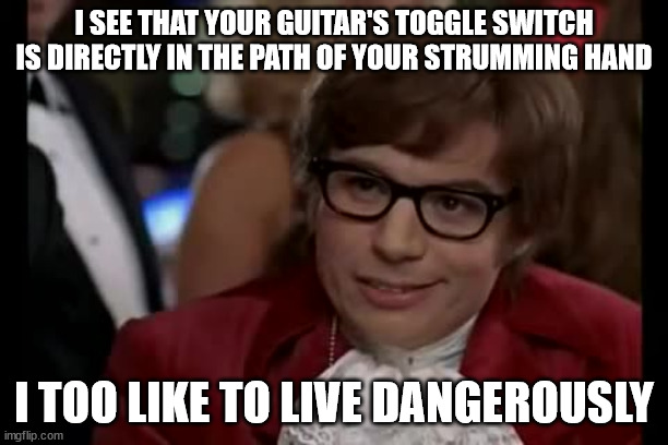 I Too Like To Live Dangerously | I SEE THAT YOUR GUITAR'S TOGGLE SWITCH IS DIRECTLY IN THE PATH OF YOUR STRUMMING HAND; I TOO LIKE TO LIVE DANGEROUSLY | image tagged in memes,i too like to live dangerously | made w/ Imgflip meme maker