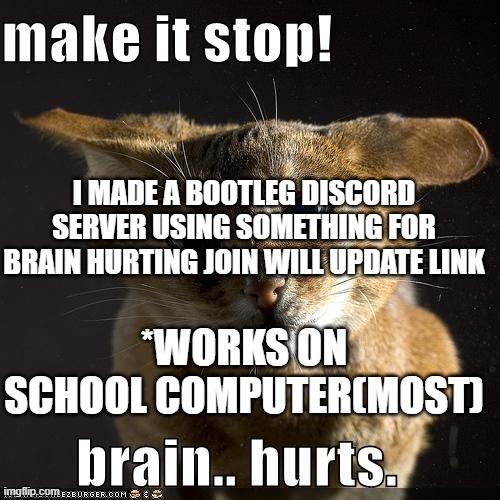 Brain------ hurt   math no | I MADE A BOOTLEG DISCORD SERVER USING SOMETHING FOR BRAIN HURTING JOIN WILL UPDATE LINK; *WORKS ON SCHOOL COMPUTER(MOST) | made w/ Imgflip meme maker