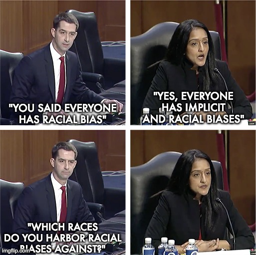 Cotton silences Gupta | "YES, EVERYONE HAS IMPLICIT AND RACIAL BIASES"; "YOU SAID EVERYONE HAS RACIAL BIAS"; "WHICH RACES DO YOU HARBOR RACIAL BIASES AGAINST?" | image tagged in liberal hypocrisy | made w/ Imgflip meme maker