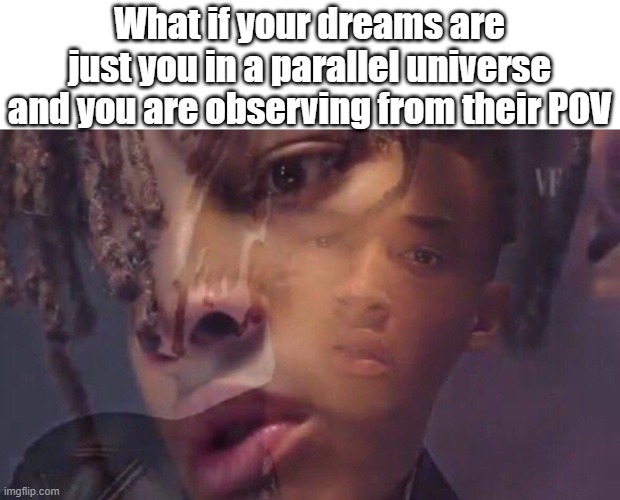 Mind blown | What if your dreams are just you in a parallel universe and you are observing from their POV | image tagged in jaden smith | made w/ Imgflip meme maker