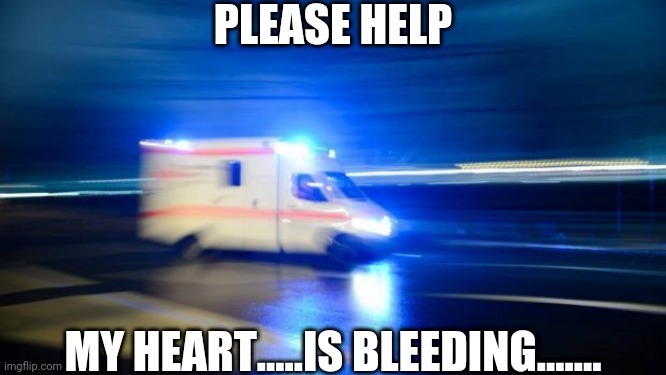 ambulance | PLEASE HELP; MY HEART.....IS BLEEDING....... | image tagged in ambulance | made w/ Imgflip meme maker